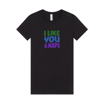 I Like You & Naps (Cool Gradient) — Retro Loungewear Women's Tee (Dark)
