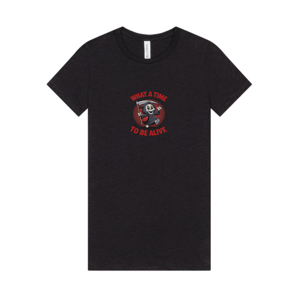 What a Time to Be Alive (Cute) — Lil Reaper Retro Women's Tee (Dark)