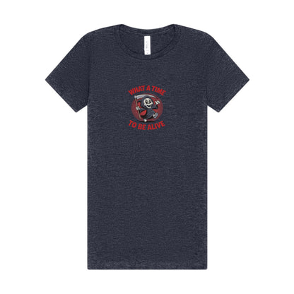 What a Time to Be Alive (Cute) — Lil Reaper Retro Women's Tee (Dark)