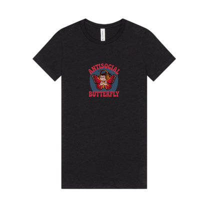 Antisocial Butterfly (Female) — Retro Workout Women's Tee (Dark)