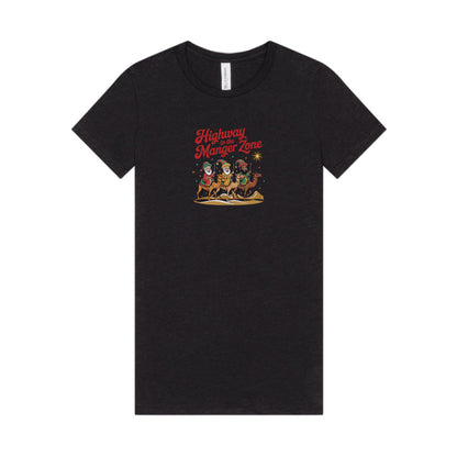 Highway to the Manger Zone — Top Gun-Inspired Christmas Women's Tee (Dark)