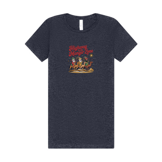 Highway to the Manger Zone — Top Gun-Inspired Christmas Women's Tee (Dark)