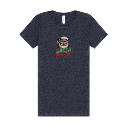 He Sees You When You're Drinking — Judgmental Santa Women's Tee (Dark)